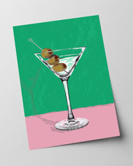 Martini Cocktail Illustration mit Oliven in Grün-Pink