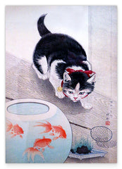 Ohara Koson - Lauernde Katze vor Fischglas