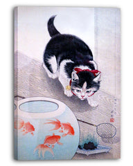 Ohara Koson - Lauernde Katze vor Fischglas