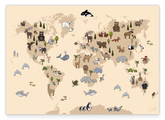 Weltkarte mit Tieren für das Kinderzimmer in Beige