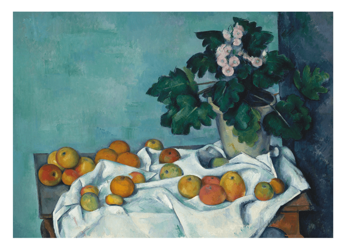 Paul Cézanne - Stillleben mit Äpfeln und einem Topf Primeln (ca. 1890)