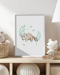 After Hover: Waschbär im Wald, Wasserfarben-Zeichnung, Süße Illustration, Dekoration für Zuhause