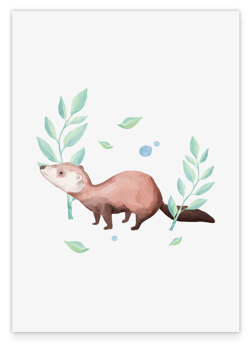 Wiesel im Wald, Tier-Illustration, Süße Wasserfarben-Zeichnung, Dekoration für Zuhause