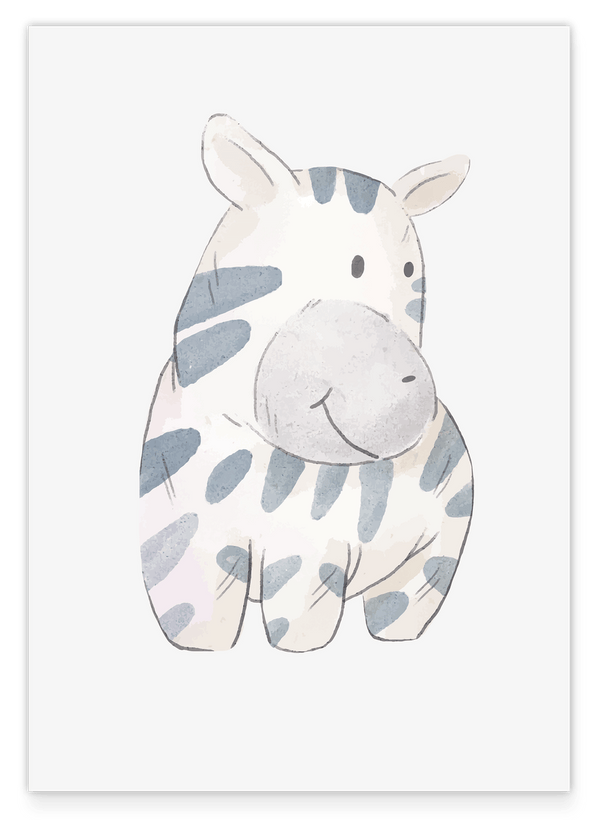 Lächelndes Zebra von der Seite, Kinder Dekoration in Weiß, Süße Wasserfarben-Illustration
