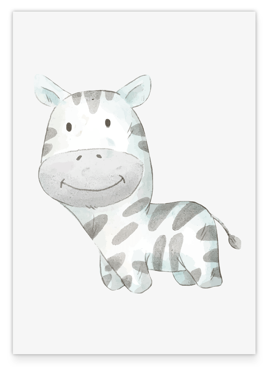 Lächelndes Zebra, Süße Kinderzimmer Dekoration in Weiß, Wasserfarben Kunstdruck
