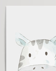 After Hover: Lächelndes Zebra, Süße Kinderzimmer Dekoration in Weiß, Wasserfarben Kunstdruck