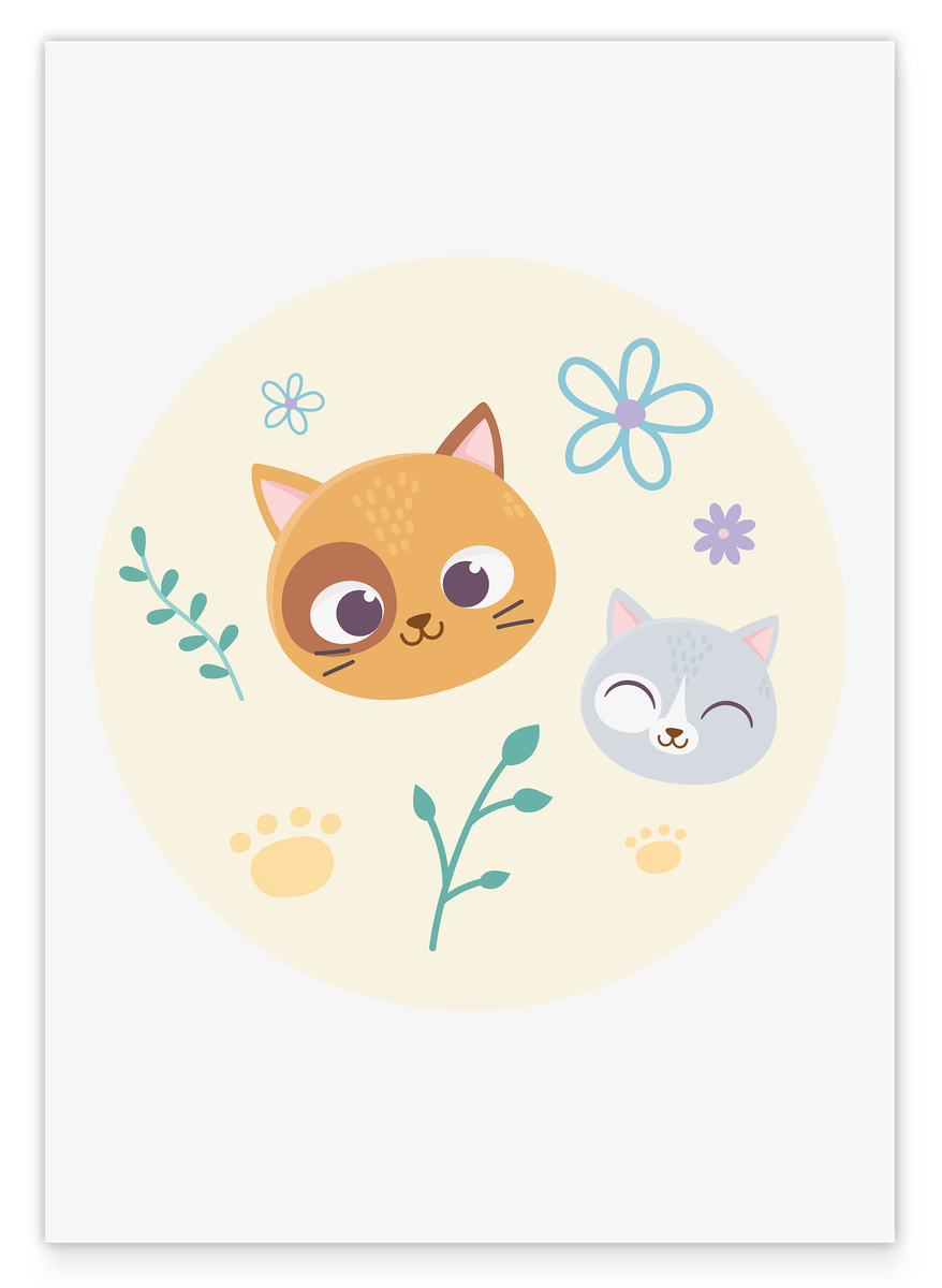 Katzen im Blumenfeld, Süße Illustration, Zeichnung für Kinder, Deko für das Zuhause