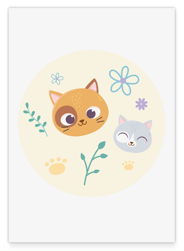 Katzen im Blumenfeld, Süße Illustration, Zeichnung für Kinder, Deko für das Zuhause