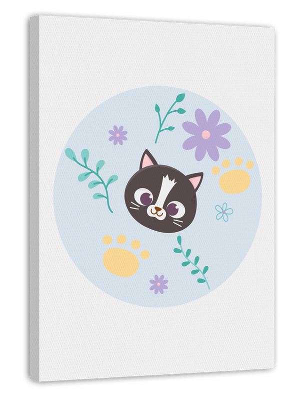 Katze im Blumenfeld, Süße Zeichnung, Kunst für Kinder, Tier-Illustration, Deko für Zuhause