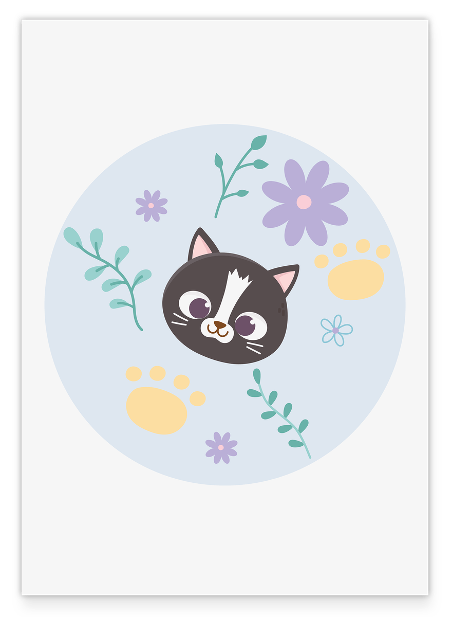 Katze im Blumenfeld, Süße Zeichnung, Kunst für Kinder, Tier-Illustration, Deko für Zuhause