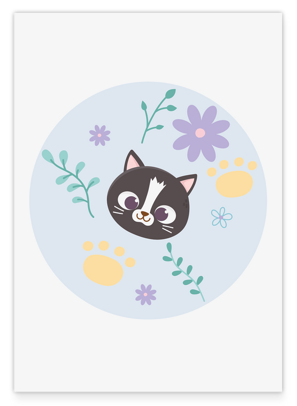 Katze im Blumenfeld, Süße Zeichnung, Kunst für Kinder, Tier-Illustration, Deko für Zuhause