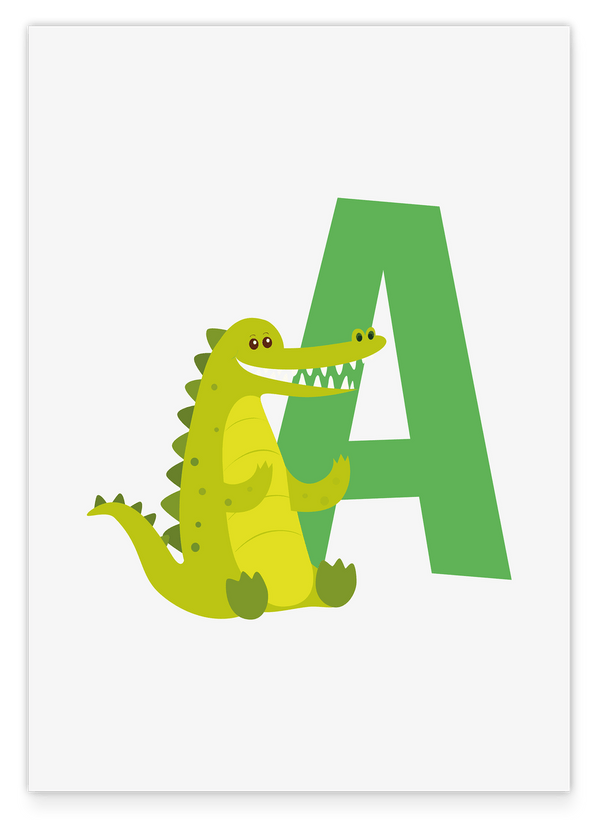 A wie Alligator, ABC Lernen, Buchstabe für Name, Süße Zeichnung, Dekoration für Zuhause