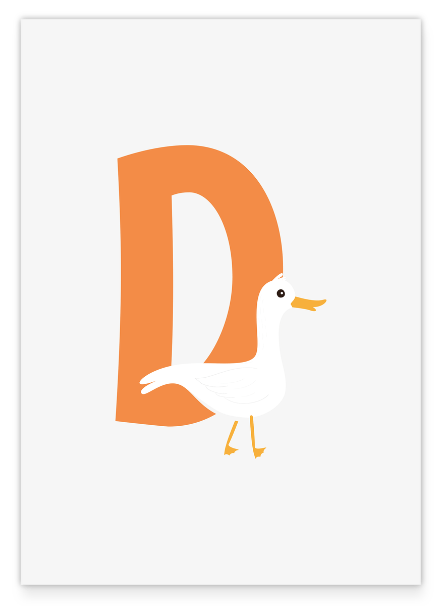 D wie Duck, Englisches ABC Lernen, Enten Kinderzimmer Dekoration in Weiß, Buchstabe für Name