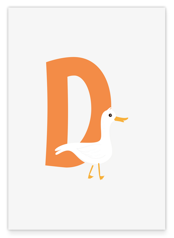 D wie Duck, Englisches ABC Lernen, Enten Kinderzimmer Dekoration in Weiß, Buchstabe für Name