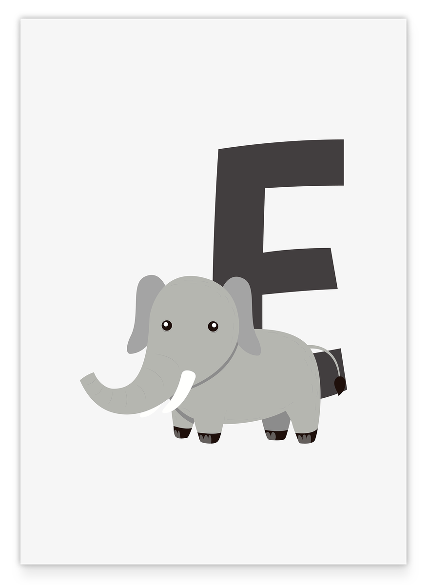 E wie Elefant in Weiß, ABC Lernen, Süße Buchstaben Dekoration für Kinder