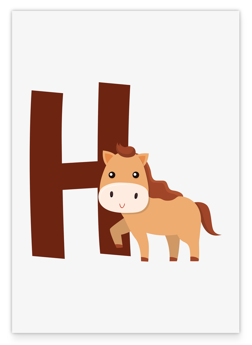 H wie Horse in Weiß, Kinder Buchstaben Illustration mit Pferd - Englisches ABC Lernen