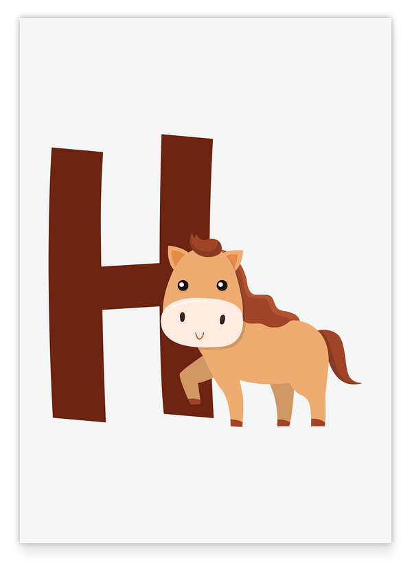H wie Horse in Weiß, Kinder Buchstaben Illustration mit Pferd - Englisches ABC Lernen