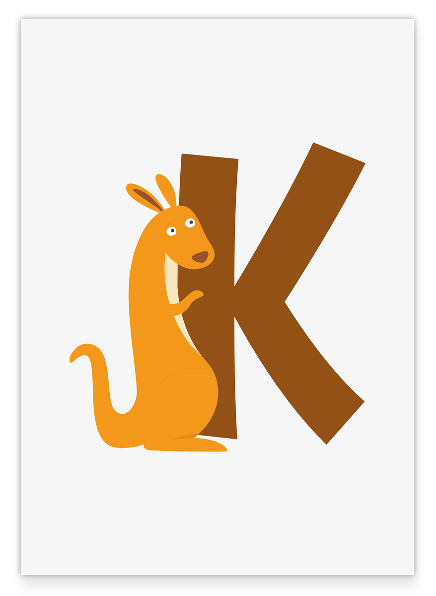 K wie Känguru, ABC Lernen, Süße Illustration, Buchstabe für Name, Dekoration für Zuhause