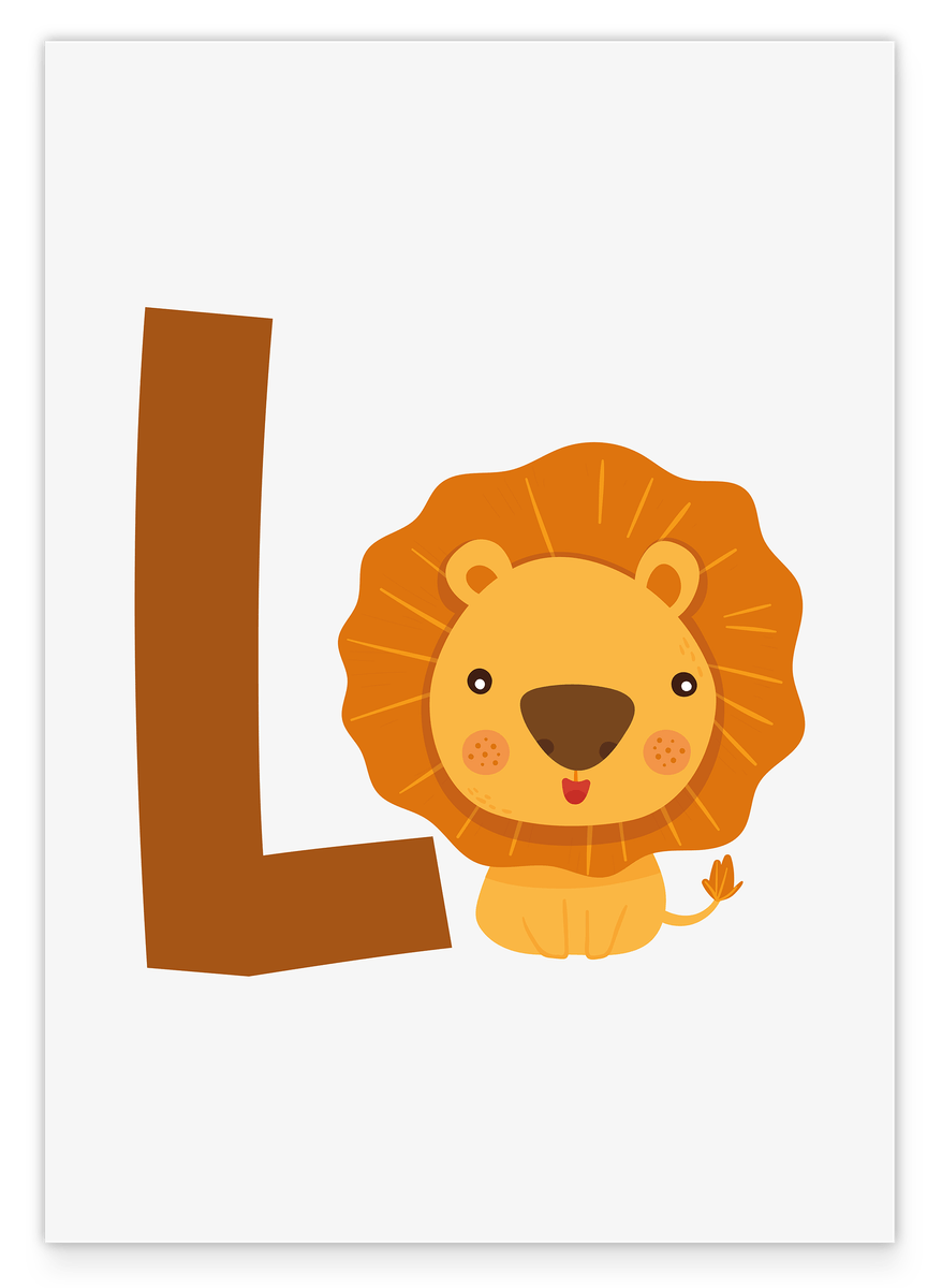 L wie Löwe, ABC Lernen, Süße Zeichnung, Illustration für Kinder, Buchstabe für Name, Deko für Zuhause