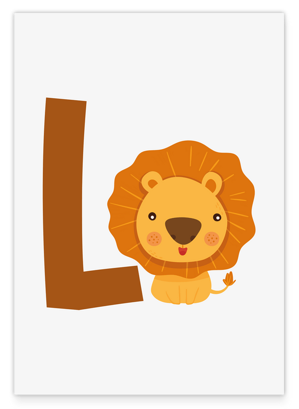 L wie Löwe, ABC Lernen, Süße Zeichnung, Illustration für Kinder, Buchstabe für Name, Deko für Zuhause