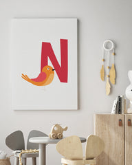 After Hover: N wie Nachtigall, ABC lernen, Süße Zeichnung, Buchstabe für Name, Dekoration für das Zuhause