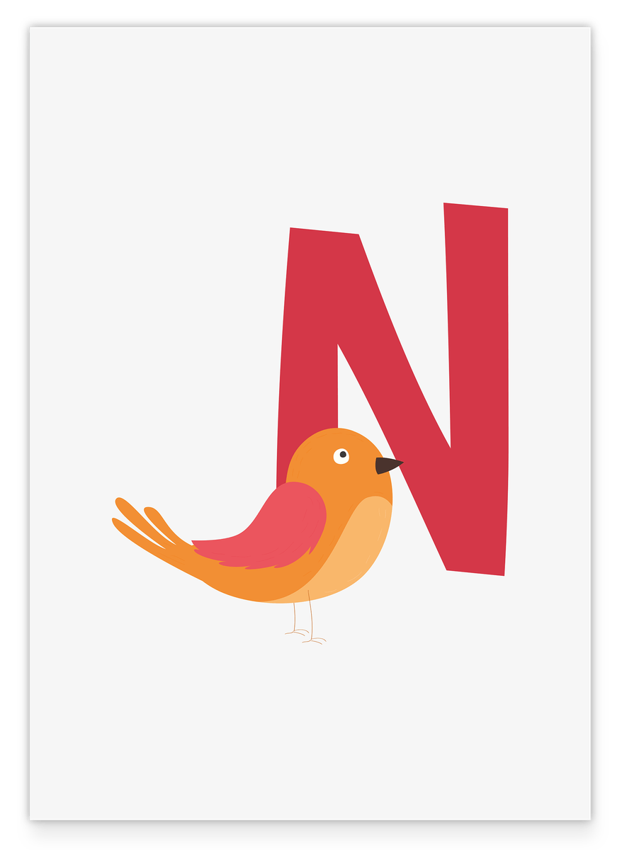 N wie Nachtigall, ABC lernen, Süße Zeichnung, Buchstabe für Name, Dekoration für das Zuhause