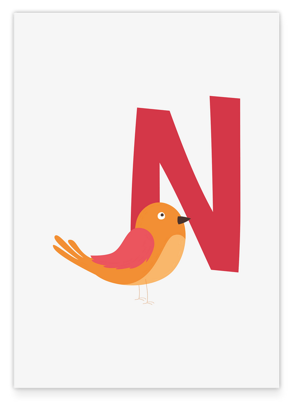 N wie Nachtigall, ABC lernen, Süße Zeichnung, Buchstabe für Name, Dekoration für das Zuhause
