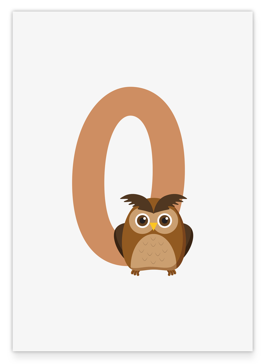 O wie Owl in Weiß, Englisches ABC Lernen - Eulen Illustration, Buchstaben Deko für Kinder