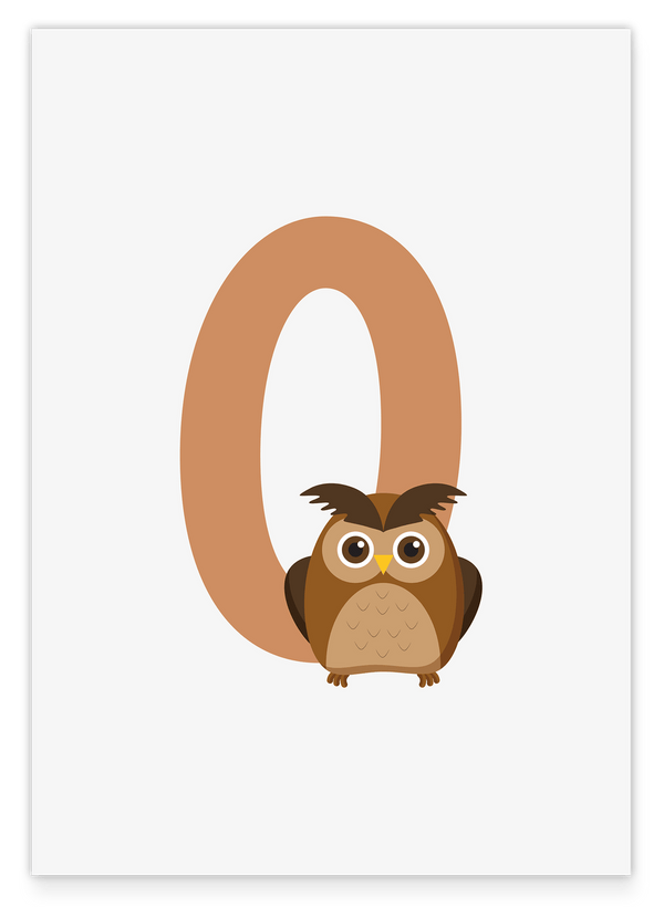 O wie Owl in Weiß, Englisches ABC Lernen - Eulen Illustration, Buchstaben Deko für Kinder