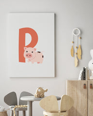 After Hover: P wie Pig in Weiß, Schwein, Englisches ABC Lernen, Buchstabe für Name, Kinderzimmer Deko