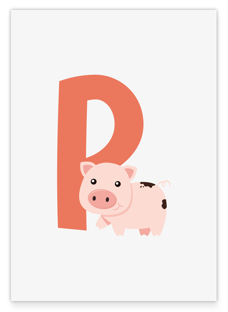 P wie Pig in Weiß, Schwein, Englisches ABC Lernen, Buchstabe für Name, Kinderzimmer Deko
