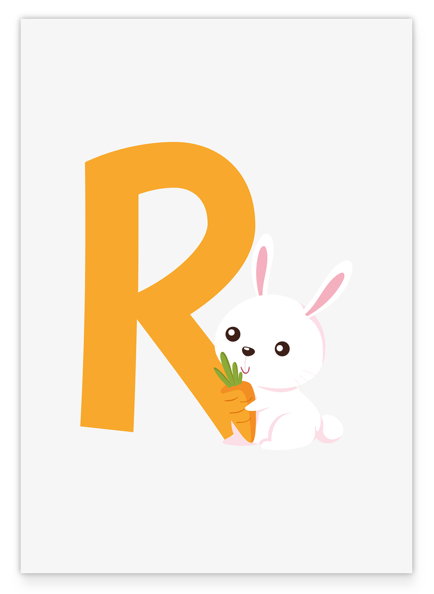 R wie Rabbit, Dekoration für Kinder in Weiß, Hasen Illustration, Buchstabe für Name, Englisches ABC Lernen