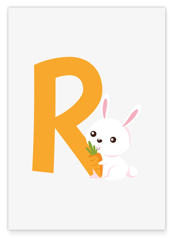 R wie Rabbit, Dekoration für Kinder in Weiß, Hasen Illustration, Buchstabe für Name, Englisches ABC Lernen