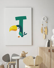After Hover: T wie Tukan, Buchstabe für Name, ABC Lernen, Süße Zeichnung für Kinder, Dekoration für Zuhause