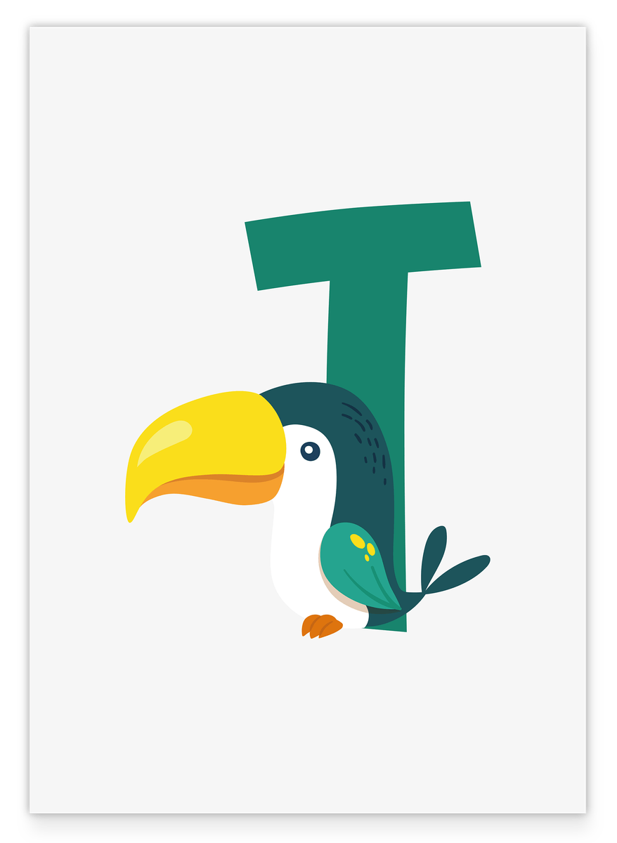 T wie Tukan, Buchstabe für Name, ABC Lernen, Süße Zeichnung für Kinder, Dekoration für Zuhause