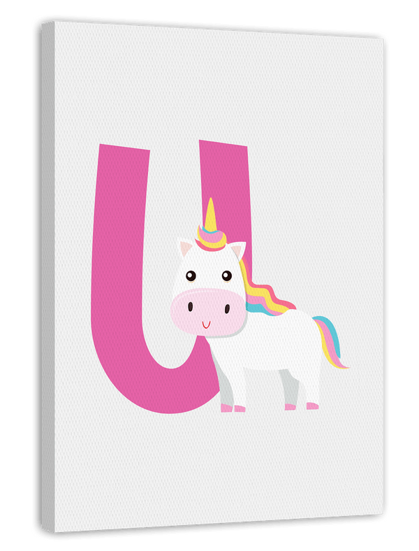 U wie Unicorn, Einhorn Illustration in Weiß, Buchstaben Dekoration für Kinder - Englisches ABC Lernen