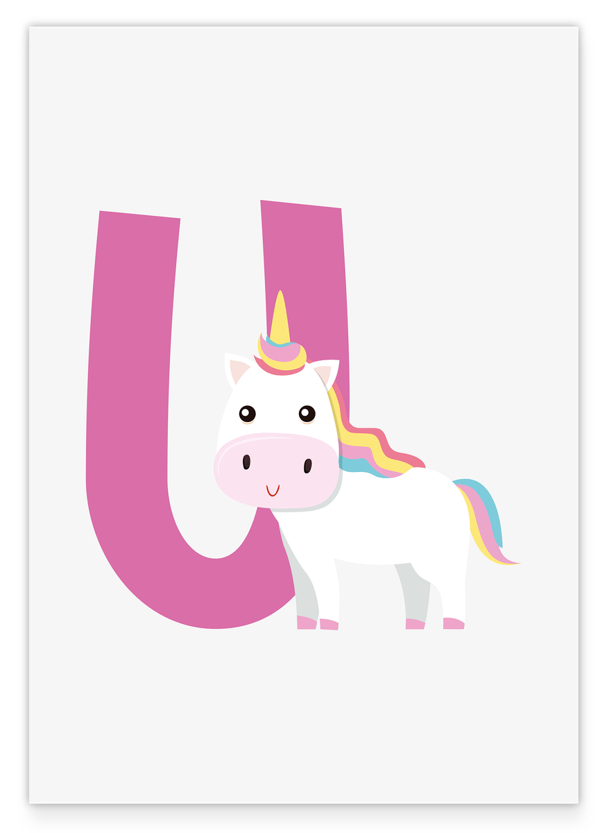 U wie Unicorn, Einhorn Illustration in Weiß, Buchstaben Dekoration für Kinder - Englisches ABC Lernen