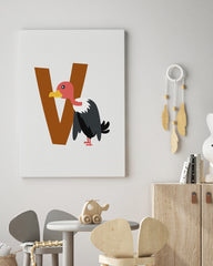 After Hover: V wie Vulture, Geier, Englisches ABC Lernen, Süße Illustration, Buchstabe für Name, Dekoration für Zuhause