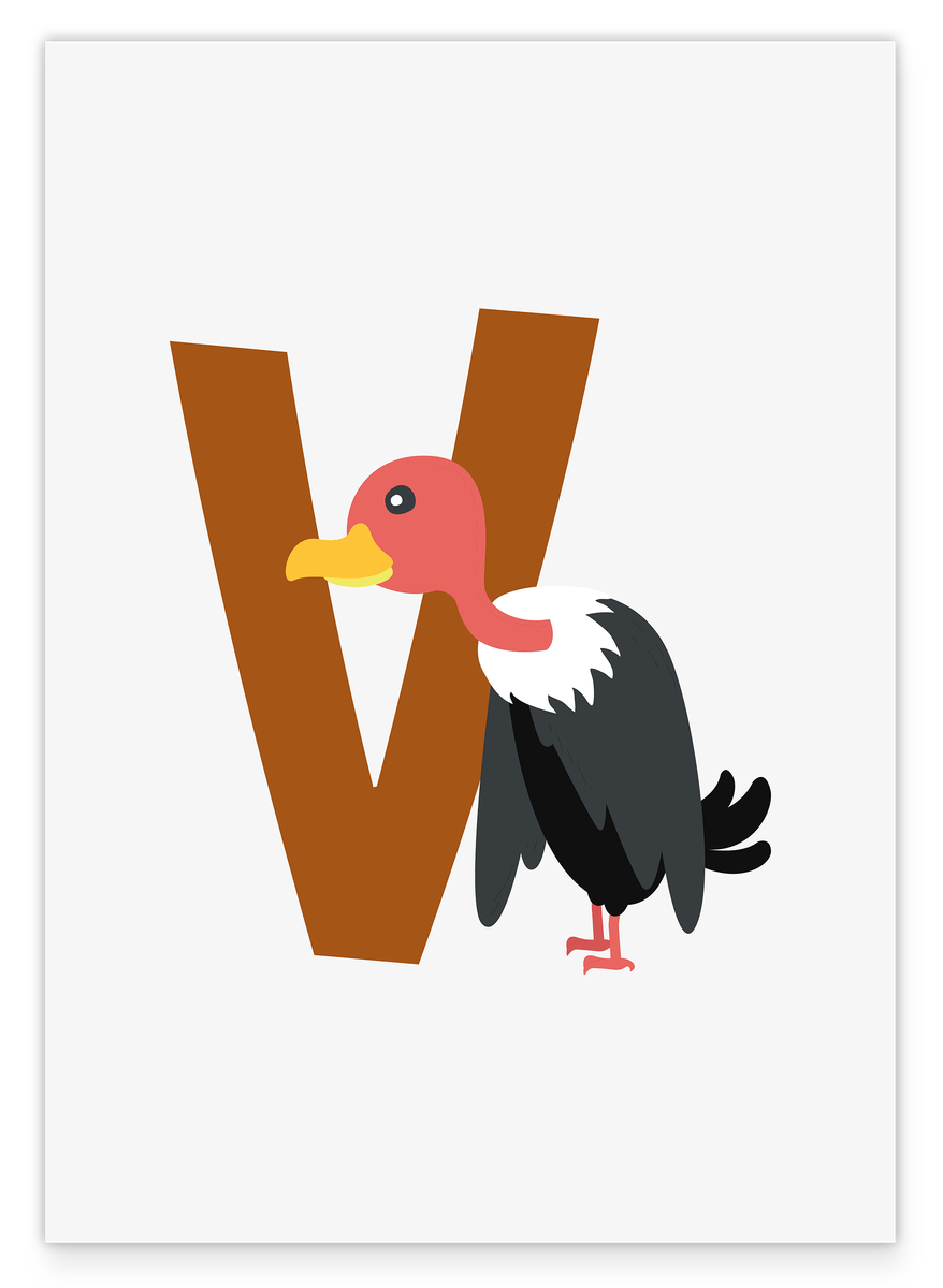 V wie Vulture, Geier, Englisches ABC Lernen, Süße Illustration, Buchstabe für Name, Dekoration für Zuhause