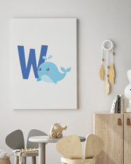 After Hover: W wie Wal, Buchstabe für Name, ABC Lernen, Süße Zeichnung für Kinder, Dekoration für Zuhause