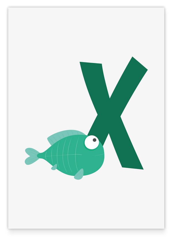 X wie X-Ray Fish, Englisches ABC Lernen, Fisch, Buchstabe für Name, Süße Zeichnung, Dekoration für Zuhause