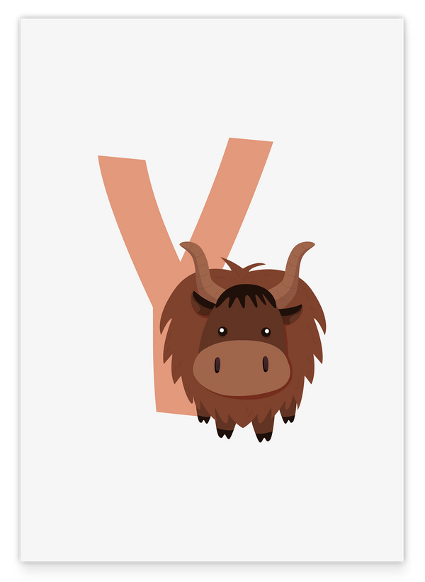 Y wie Yak, ABC Lernen, Buchstabe für Name, Süße Zeichnung, Dekoration für das Zuhause