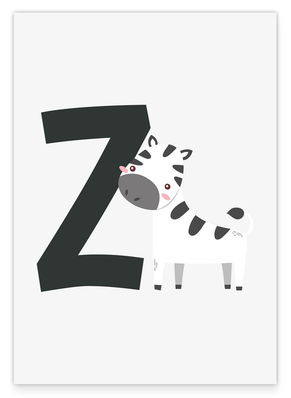 Z wie Zebra in Weiß, Süße Tier-Zeichnung mit Buchstaben für Kinder, ABC Lernen