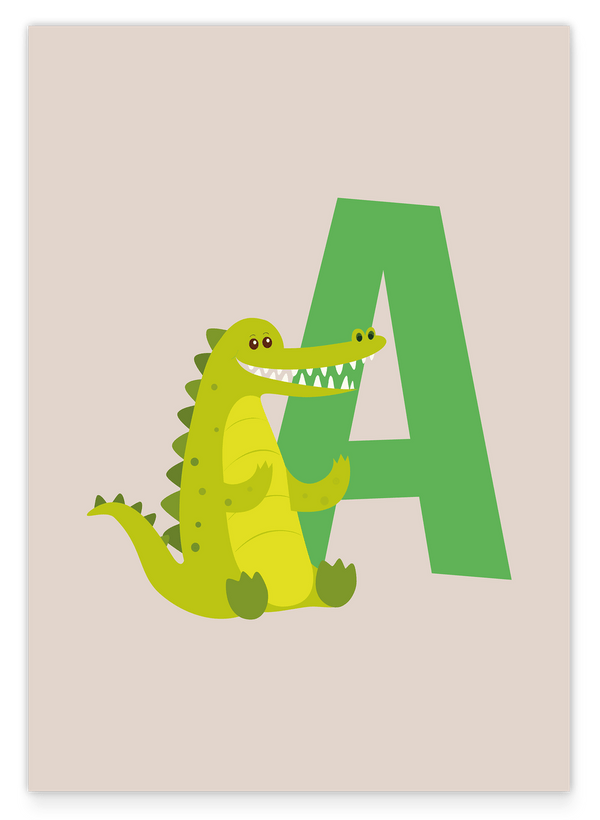 A wie Alligator, ABC Lernen, Buchstabe für Name, Süße Zeichnung, Dekoration für Zuhause