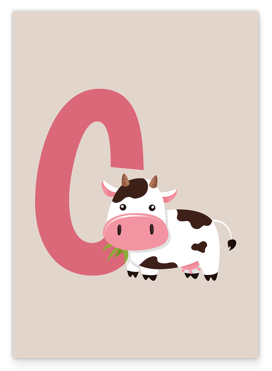C wie Cow in Beige, Tier Illustration mit Buchstabe für Kinder - Süße Kuh Zeichnung