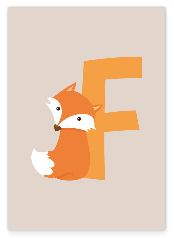 F wie Fuchs, ABC Lernen, Buchstabe für Name, Wasserfarben-Illustration, Dekoration für Kinder