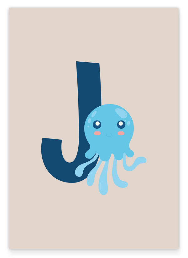 J wie Jellyfish, Qualle, Buchstabe für Name, Englisches ABC Lernen, Süße Dekoartion für Zuhause