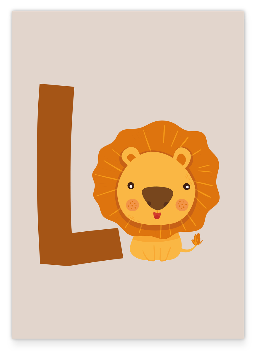 L wie Löwe, ABC Lernen, Süße Zeichnung, Illustration für Kinder, Buchstabe für Name, Deko für Zuhause