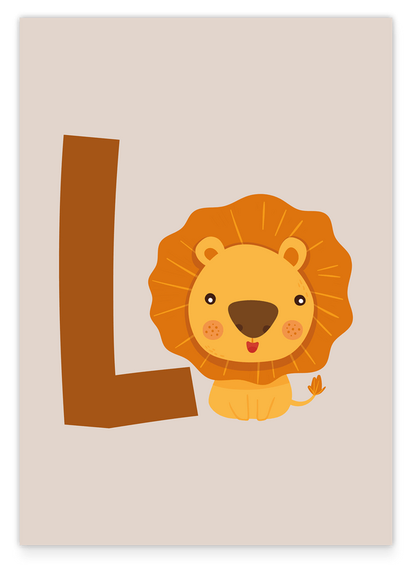 L wie Löwe, ABC Lernen, Süße Zeichnung, Illustration für Kinder, Buchstabe für Name, Deko für Zuhause