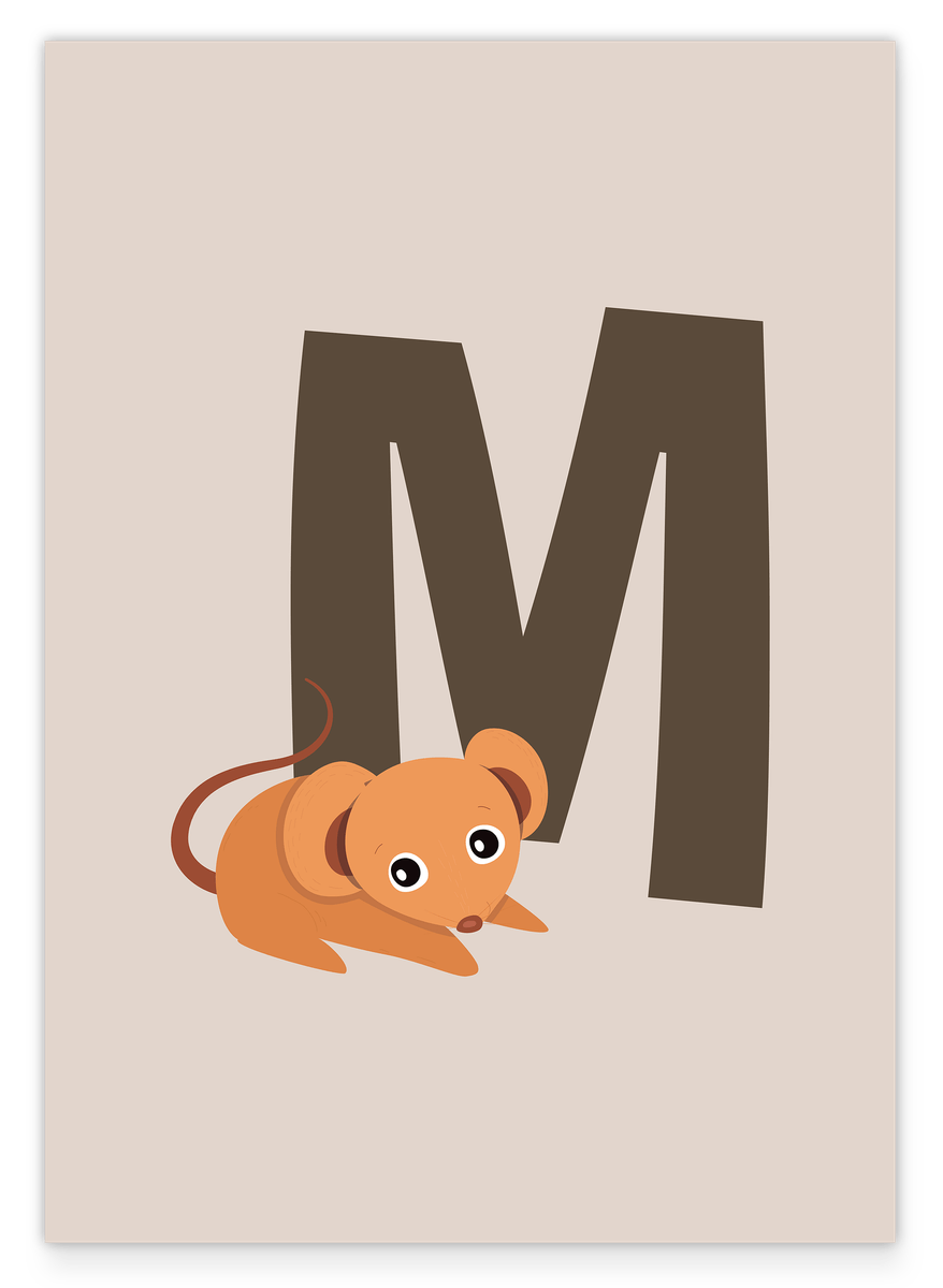 M wie Maus, Kinder Illustration in Beige, ABC Lernen mit Buchstaben